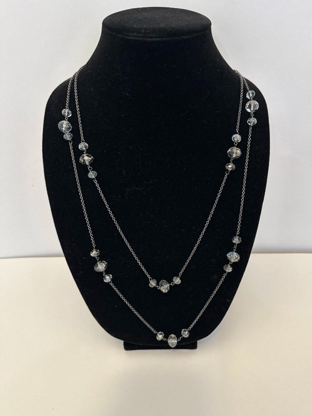 Layered Black Chain Crystal Beaded Necklace Long Multi Strand Statement